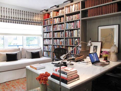 Home office, marble-top desk for two people Home Office With Couch, Shared Home Offices, Bookshelves Cabinets, Office Nyc, Shared Home Office, Office For Two, Design Desks, Office Couch, Office Guest Room