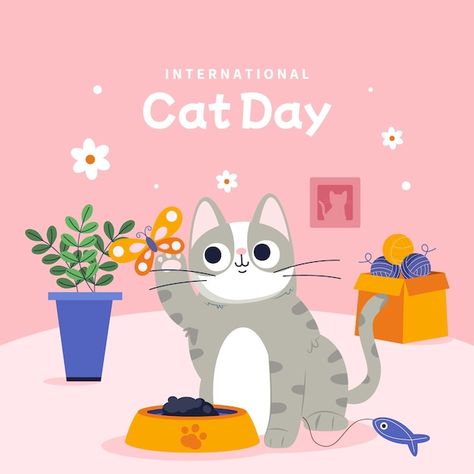 Flat international cat day illustration | Premium Vector #Freepik #vector #cat-day #cat-design #cat-illustration #international-day Cat Day International, World Cat Day, National Cat Day, International Cat Day, World Cat, Day Illustration, International Day, Cat Illustration, Kitty Cat