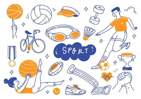 Gym Mural, Sports Illustrations Art, Doodle Line Art, Toothbrush Design, Sports Drawings, Sports Design Ideas, Sport Equipment, Tshirt Painting, Swimming Tips