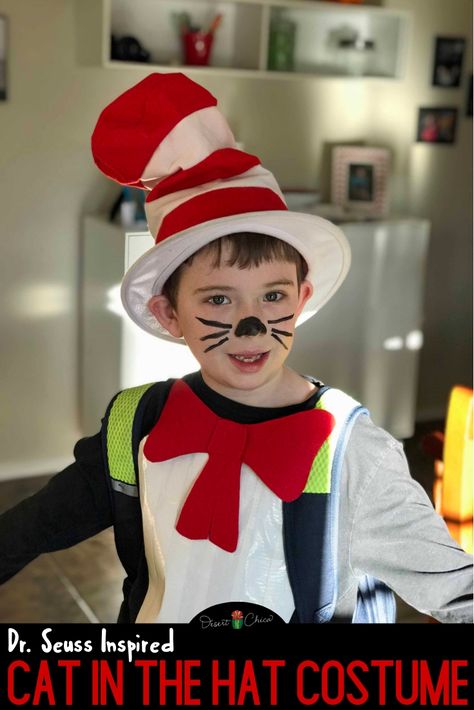 This Cat in the Hat costume is an easy homemade dress-up idea for boys, girls, and teachers. It's perfect if you need to Dr. Seuss character ideas for Read Across America week or storybook dress up day at school. The DIY is very simple and perfect if you need a last minute costume. Just follow the tutorial in this how to make Cat in the Hat costume post. Dr. Suess Costumes | Dr. Seuss Costumes for Kids | Dr. Seuss Costume Ideas | Cat in the Hat Face Paint Easy Cat In The Hat Costume Diy, Dr Seuss Makeup Ideas, Cat In The Hat Face Paint, Dr Seuss Costume Ideas, Sew Costume, Seuss Costumes, Cat In The Hat Costume, Cats Costume, Cat Costume Kids