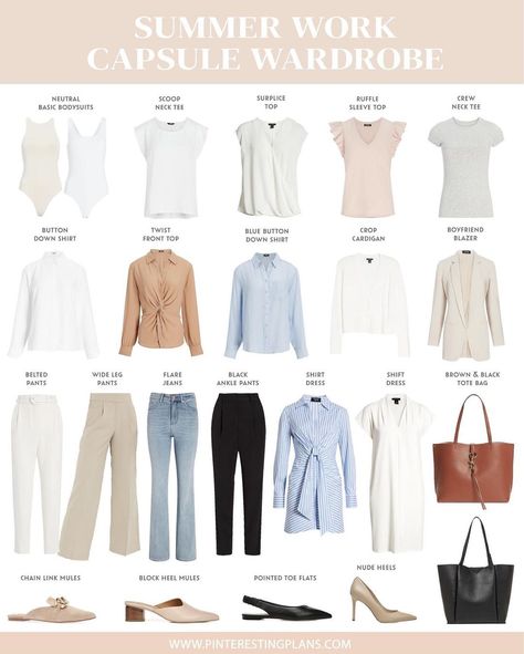 Rachel Moore - Style Influencer on Instagram: “Workwear capsule wardrobe for summer! Tag a chic gal who might be looking for workwear staples. I’m curious if those who are working in…” Business Casual Staple Pieces, Cute Summer Business Casual Outfits, Summer Business Casual Shoes, Business Travel Outfits Woman Summer, Classic Summer Wardrobe, Office Capsule Wardrobe, Corporate Girl, Chic Capsule Wardrobe, Chic Fits