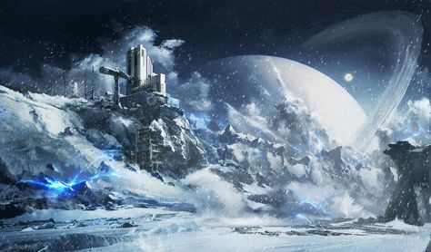 Laboratory on frozen planet Frozen Planet, Sci Fi Landscape, Sci Fi City, Sci Fi Environment, Floating City, Space Fantasy, Planets Art, Futuristic City, Science Fiction Art