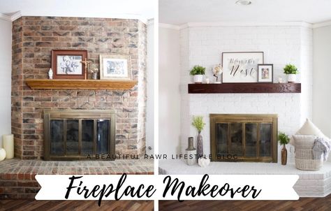 DIY Brick Fireplace Makeover - Learn how I painted this fireplace like a pro, built a mantel, and decorated our farmhouse fireplace for under $100 with @gordmans #gotitatgordmans #ad #homedecor #homemakeover #homerenovations #DIY #DIYHome #homebeforeafter #farmhousedecor Stone Fireplace Makeover, Red Brick Fireplaces, Tall Fireplace, Painted Brick Fireplace, Painted Brick Fireplaces, Diy Fireplace Makeover, Brick Fireplace Makeover, Rock Fireplaces, Makeover Before And After