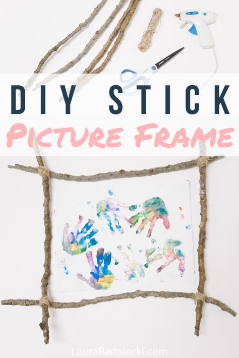 Spending time in nature makes you want to make crafts with all the things you find! Here's a stick craft idea: a DIY picture frame made with sticks! Frame your kid's artwork or string yarn between the frame and clip on your memorabilia! #stickcrafts #pictureframe #crafts #diy #lauraradniecki Stick Frame Diy, Stick Craft Ideas, Diy Picture Frame, Diy Driftwood, Twine Crafts, Spending Time In Nature, Footprint Crafts, Time In Nature, Diy Picture Frames