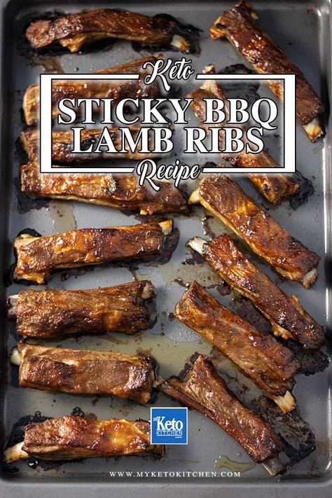 Keto BBQ Lamb Riblets Recipe - Sticky, Saucy & Sugar-Free. Delicious gluten free lamb ribs recipe, smothered in barbecue sauce. It's easy and yummy. Perfect for grilling or roasting for dinner. #ketorecipes Lamb Riblets Recipe, Lamb Ribs Recipe, Riblets Recipe, Low Carb Bbq Sauce, Keto Bbq, Bbq Lamb, Bbq Recipes Ribs, Lamb Ribs, Lamb Dishes