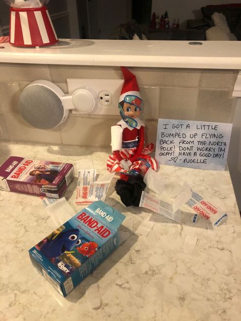 Elf Back From North Pole, Elf On Shelf Band Aid, Elf Ideas Easy, Awesome Elf On The Shelf Ideas, Elf Antics, Elf Ideas, The North Pole, An Elf, Grinch Christmas