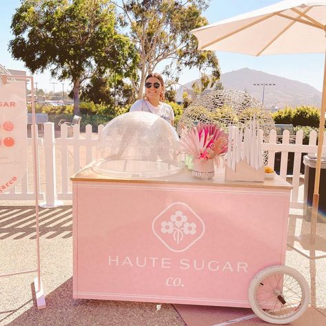 Cotton Candy Machine Rental, Cotton Candy Wedding Bar, Cotton Candy Cart Ideas, Cotton Candy Display, Wine Trailer, Cotton Candy Business, Cotton Candy Bar, Saloon Party, Pink Bar Cart