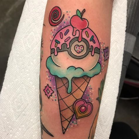 Kawaii Pokémon Ice Cream Tattoo Dessert Tattoo, Ice Cream Tattoo, Spongebob Tattoo, Cream Tattoo, Majin Boo, Neotraditional Tattoo, Tattoo Apprenticeship, Petit Tattoo, Dragon Ball Tattoo