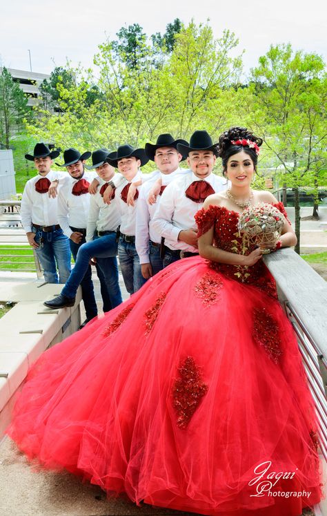 Quinceanera goals country vaqueros western outfits ideas and boots Quince Chambelanes Outfits, Chambelanes Outfits Quinceanera, Chambelan Outfits, Chambelanes Outfits, Red Quinceanera Ideas, Vestido Charro, Mexican Quinceanera Dresses, Charro Quinceanera Dresses, Quinceanera Photoshoot