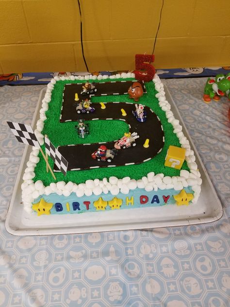 Mario Racetrack Cake, Mario Birthday Cake Easy Diy, Super Mario Star Cake, Super Mario Sheet Cake, Mario Sheet Cake, Costco Birthday Cakes, Mario Kart Cake, Race Track Cake, Camping Cake