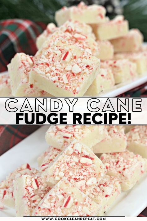 This easy candy cane fudge is perfectly festive and delicious. It's got a peppermint crunch and there's no major cooking or baking involved! Candy Cane Fudge, Fudge Candy, Peppermint Crunch, Peppermint Recipes, Homemade Fudge Recipes, Easy Candy, Easy Holiday Desserts, Chocolate Peanut Butter Fudge, Christmas Fudge