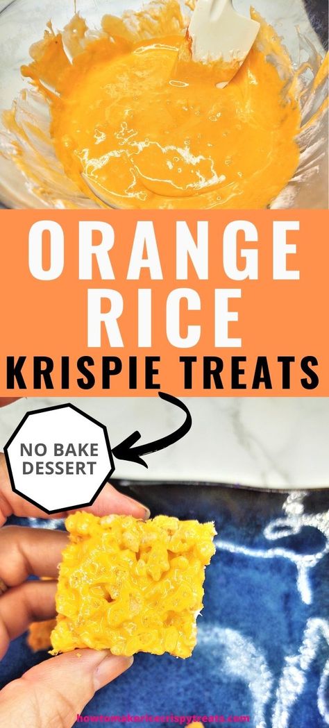 Orange Rice Crispy Treats, Orange Rice Krispie Treats, Cereal Bars Homemade, Orange Rice, Rice Crispy Bars, Rice Krispies Recipe, Gluten Free Marshmallows, No Bake Recipe, Orange Jello