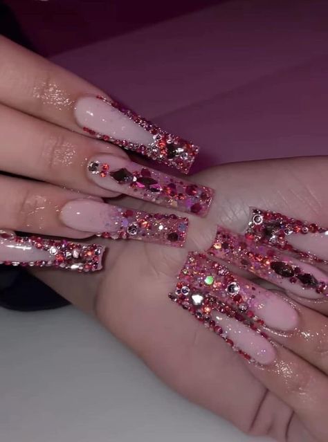 Dark Pink Acrylic Nails, Glam Pink Nails, Extra Acrylic Nails, Barbie Nails Acrylic, Bedazzled Nails, Nail Designs Bling, Quince Nails, Quinceanera Nails, Makeup Nails Designs