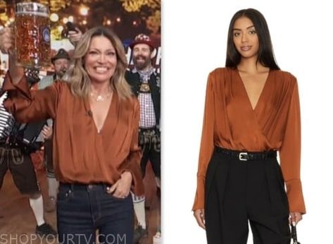 Access Daily: October 2023 Kit Hoover's Bronze Rust Orange Satin Blouse Orange Satin, Orange Blouse, Rust Orange, Satin Blouse, Fashion Looks, Rust, Fashion Inspo, Satin, Tv