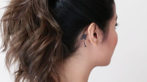 Palm tree tropical ear tattoo Palm Tree Tattoo Back Of Neck, Palm Tree Behind Ear Tattoo, Tree Tattoo Behind Ear, Tattoo Palm Tree, Tree Branch Tattoo, Palm Tattoo, Small Palm Trees, Tattooed Teacher, Tattoo Tree