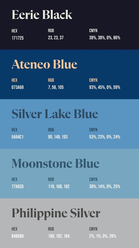 Colors: 171725 ° 073A69 ° 5A94C1 ° 77A6C0 ° B4B6B8 Blue Swatches Colour Palettes, Color Combos With Blue, Cerulean Blue Color Palette, 6 Colour Palette, Pallete Color Blue, Blue Pallet Color, Cobalt Blue Color Palette, Blue Color Names, Blue Colour Pallet