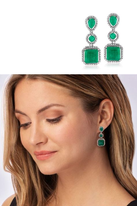 7.30 ct. t.w. Emerald Drop Earrings in Sterling Silver Emerald Drop Earrings, Emerald Earrings Drop, Gemstone Drop Earrings, Emerald Earrings, Earrings Drop, Emerald Gemstone, Drop Earring, Women's Earrings, Gold Jewelry