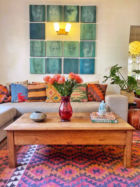 #eclecticdecor #bohemiandecor #bohodecor #bohemianlivingroom #kilimrugs #kilimpillows Boho Colorful Decor, Modern Mexican Style Homes Interior Design, Mexican Culture Home Decor, South American Home Decor, Living Room Decor Mexican Style, Living Room Mexican Decor, Modern Mexican Room Decor, Interior Design Mexican Style, Colorful Rustic Home Decor