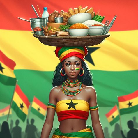 A black Ghanaian girl carrying an array of Ghanaian foods on her head. Representing her culture. Ghana Art Culture, Ghanaian Art, Ghana Aesthetic, Earth Princess, Garage Drawing, Ghanaian Culture, Ghana Culture, African Portraits Art, Ghana Art