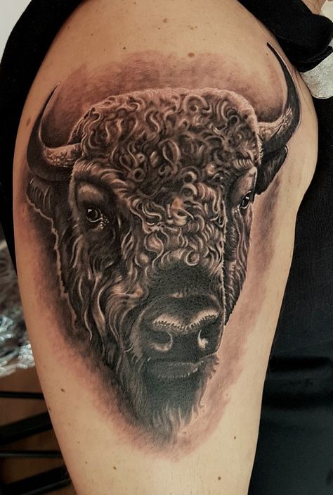 buffalo tattoo I have done a few weeks ago Bison Tattoo, Buffalo Tattoo, Crocodile Tattoo, Ant Tattoo, Soldier Tattoo, Bull Tattoos, Work Tattoo, Line Work Tattoo, Head Tattoos