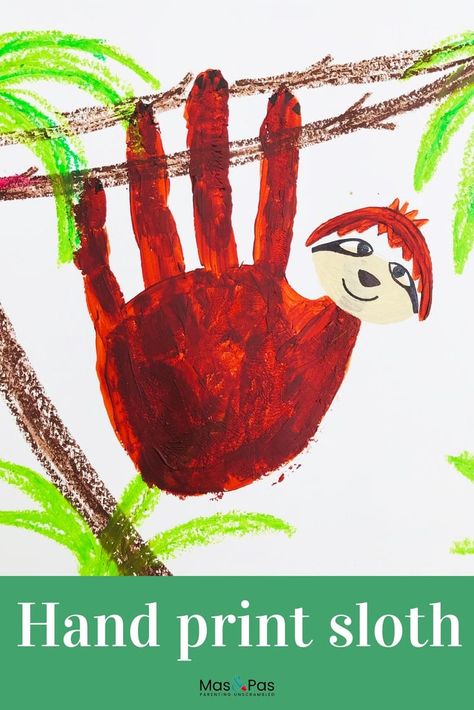 Sloth Handprint Craft, Handprint Sloth, Handprint Animals, Sloth Craft, Hand Print Animals, Handprint Painting, Rainforest Activities, Sloth Party, Jungle Trees