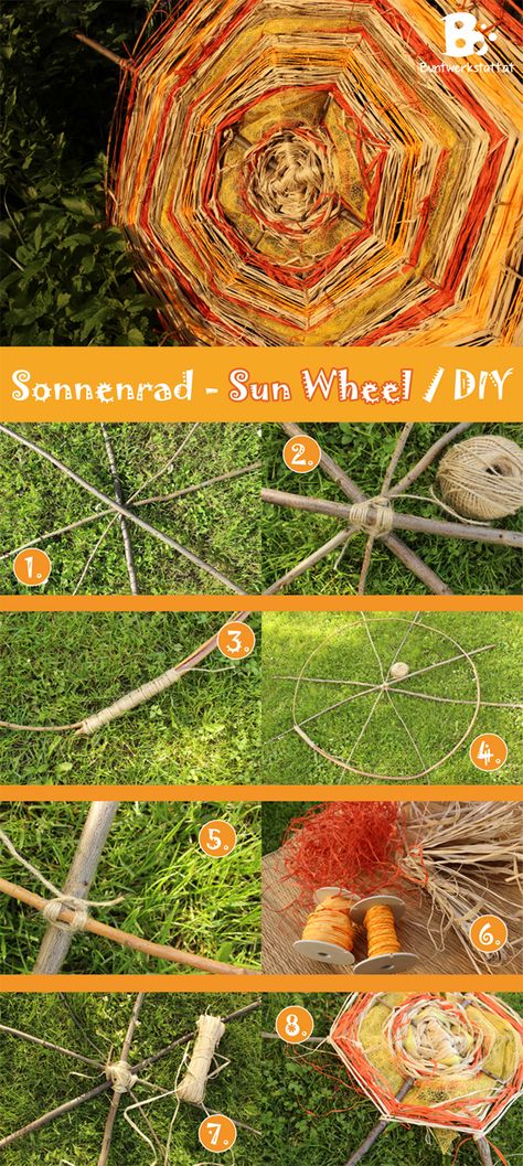 DIY - Sun Wheel craft, garden decoration Wheel Garden, Summer Solstice Party, Sun Wheel, Solstice Party, Solstice Celebration, Wiccan Crafts, Wheel Craft, Pagan Crafts, Bags Diy