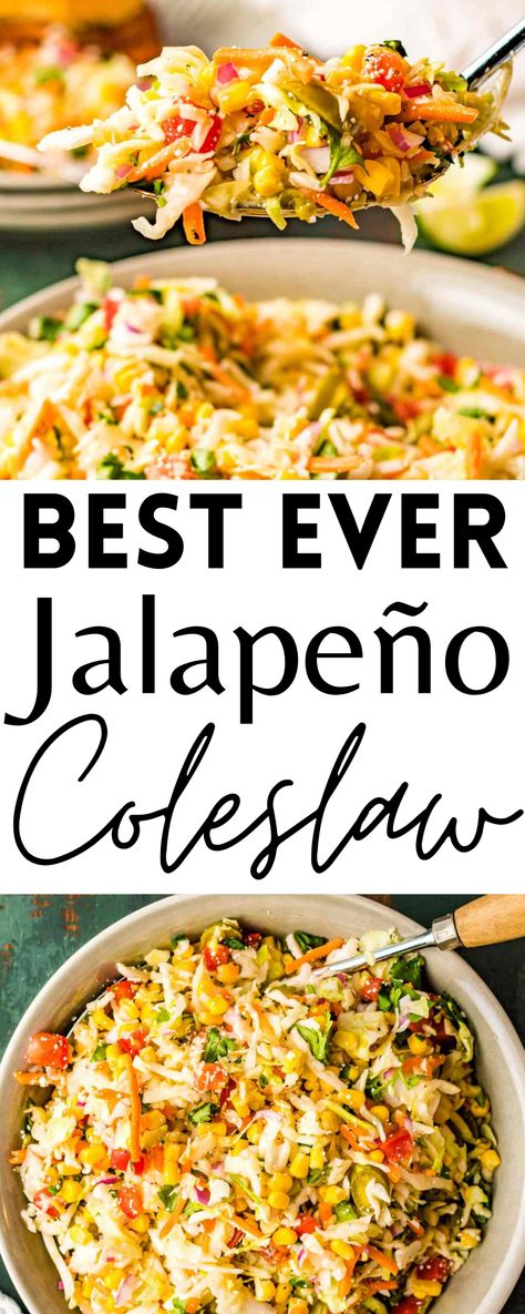 This is Jalapeño Coleslaw is THE BEST! It adds the perfect kick to any barbecue or taco dish. Bring it to your next summer cookout! Jalapeño Coleslaw, Spicy Slaw, Spicy Coleslaw, Taco Dishes, Sandwiches And Wraps, Healthy Coleslaw, Coleslaw Recipe Easy, Chicken Burgers Recipe, Summer Cookout