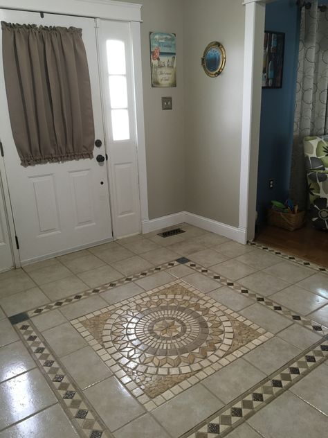 Foyer Tile Floor Front Entry, Mosaic Floor Tile Entryway, Foyer Tile Ideas Entryway, Foyer Tile Ideas, Green Floor Tile, Mosaic Entryway, Tile Entry, Kota Stone Flooring, Beige Floor Tile