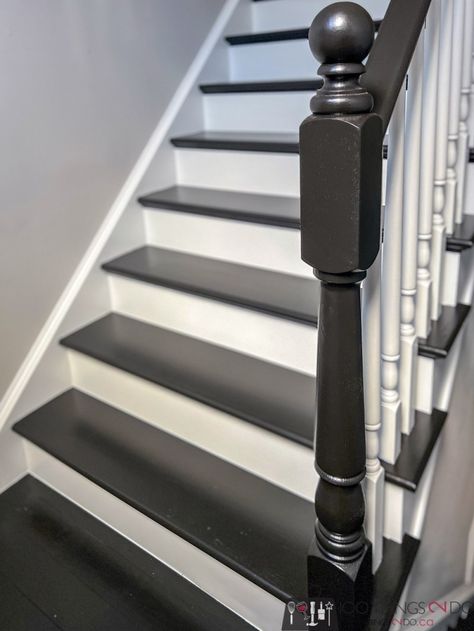 Wood Stairs Remodel, Black Painted Staircases, All Black Staircase With Runner, How To Paint Stairs Black, Paint Wood Stairs, Paint For Stairs Staircases, Painting Steps Ideas Staircases, Stair Refinishing Ideas, Stairs Makeover Ideas Paint