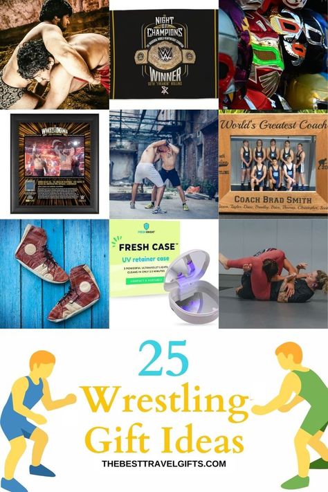 25 Wrestling gift ideas with nine images of wrestlers and items for wrestling fans Coach Gifts Wrestling, Wrestling Coaches Gift Ideas, Senior Night Gifts Wrestling, Wrestling Team Gifts, Wrestling Gift Basket Ideas, Senior Night Ideas Wrestling, Wrestling Goodie Bags, Gifts For Wrestlers, Wrestling Senior Night Gifts