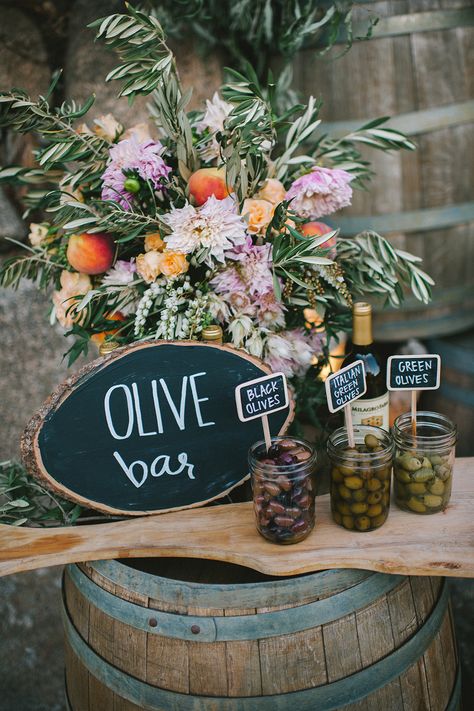 Olive Bar, Vineyard Wedding Inspiration, Italian Themed Parties, Italian Dinner Party, Olive Wedding, Italian Party, Italian Theme, Wedding Party Planning, Rustic Italian