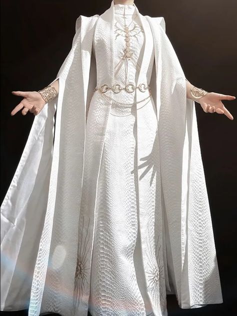 Fantasy Clothing White, Priest Outfit Aesthetic, Fantasy Priestess Outfit, Dnd Fancy Clothes, White Mage Aesthetic, Ghost Inspired Outfit, Priest Outfit Design, White Masquerade Dress, Angel Robes