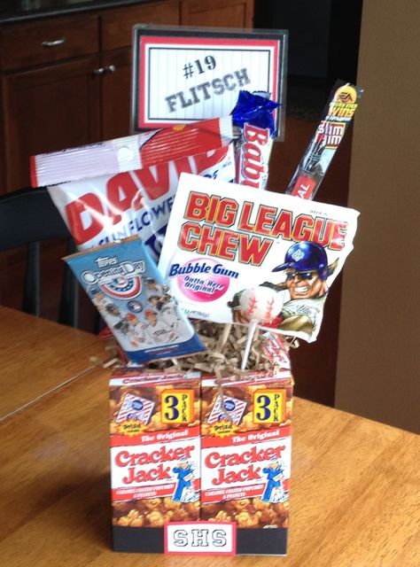 High School Senior Baseball Gifts Baseball Gift Basket, Baseball Centerpiece, Softball Party, Baseball Coach Gifts, Big League Chew, Baseball Theme Party, Baseball Crafts, Senior Night Gifts, High School Baseball