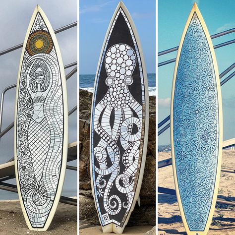 I Am A Mosaic Artist And I Create Contemporary Mosaic Surfboards (24 Pics) Mermaid Flowers, Octopus Mermaid, Mosaics Art, Mosaic Table Top, Surfboard Art, Custom Mosaic, Skateboard Design, Handmade Mosaic, Mirror Design