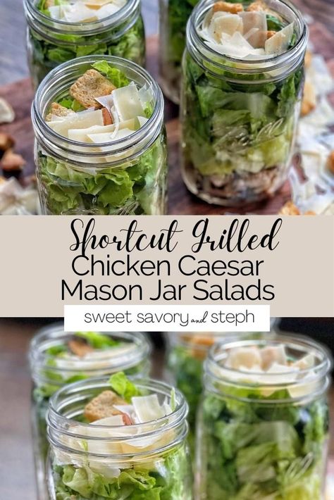 Cheeseburger Mason Jar Salad, Chicken Mason Jar Meals, Meal Prep With Mason Jars, Simple Mason Jar Salad Recipes, Mason Jar Ceaser Salad, Chicken Caesar Salad Meal Prep, Cesar Salad In A Jar, Salad In A Mason Jar For A Week, Cesar Salad Mason Jar