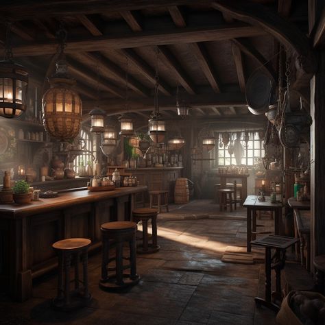 Tavern Curtains, Tavern Concept Art Interior, D&d Tavern Art, Tavern Fantasy Art Interior, Old Tavern Interior, Dark Tavern Aesthetic, Tavern Aesthetic Medieval Bar, Dnd Tavern Interior, Medieval Pub Aesthetic