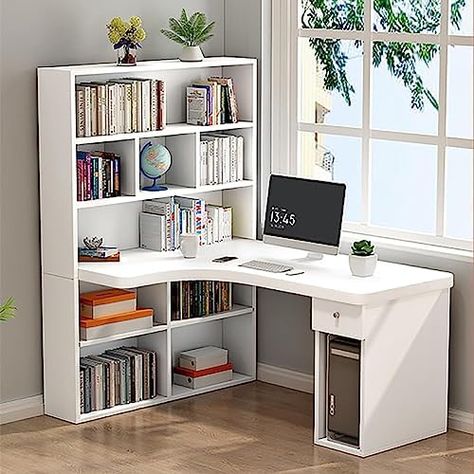 Computer Table Design L Shape, Hutch Modern, L Shaped Desk With Hutch, Computer Table Design, Craftroom Ideas, Computer Desk With Storage, Work From Home Office, L Shaped Corner Desk, Desk With Hutch