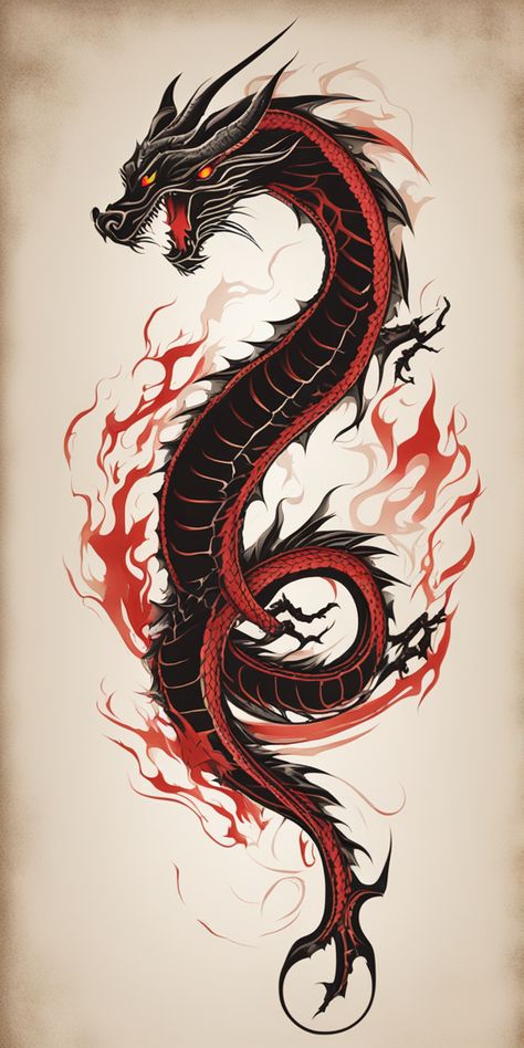 This image features a vibrant, minimalist-style dragon tattoo design on a blank canvas. The dragon, depicted in elegant, bold colors, contrasts starkly with the pure white background. Its sleek and simple form captures the essence of minimalist design. Dragon Japanese Tattoo Design, Colored Dragon Tattoo, Dragon Tattoo Men, Simple Dragon Tattoo, Wings Tattoos, Black Dragon Tattoo, Dragon Tattoo Arm, Tattoo Hombre, Asian Dragon Tattoo