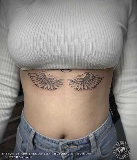 Wings Rib Tattoo, Wings On Stomach Tattoo, Wings Sternum Tattoo, Angle Wing Tattoos, Antique Tattoo, Rib Tattoos For Women, Belly Tattoo, Underboob Tattoo, Angel Wings Tattoo