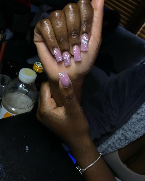 Pink nails with hibiscus flower 🌸 #nailsnailsnails #nails #explorepage✨ #brocktonnailtech Hibiscus Nail Design, Nails With Hibiscus Flower, Pink Hibiscus Nails, Solid Colour Nails, Nails With Hibiscus, Hibiscus Nails, Solid Color Nails, Pink Hibiscus, Nails Square