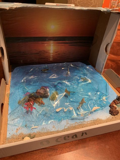 Ocean Biome shoebox project using glue for water Ocean Biome Project, Ocean Biome Shoebox Project, Biome Shoebox Project, Ocean Biome, Shoebox Project, Biomes Project, Ecosystems Projects, Rainforest Habitat, Ocean Artwork