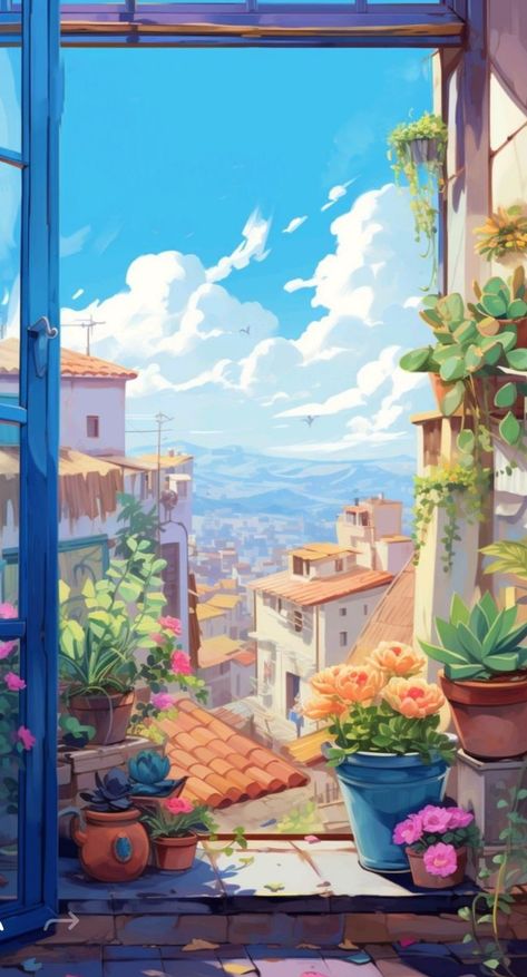 Window View Illustration, Illustration Window, Mediterranean Village, Window Drawing, Home Lock Screen, Most Paused Movie Scenes, Rustic Window, Iphone Covers, Background Hd Wallpaper