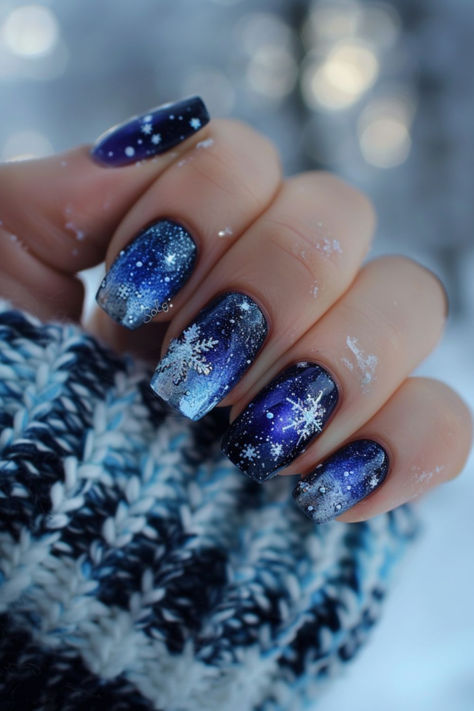 Winter Solstice: Nail Art For Winter Winter Solstice Nails Art Designs, Wintry Nails, Northern Lights Nails, Nail Art For Winter, Night Sky Nails, Sliver Nails, Purple And Silver Nails, Winter Nail Art Ideas, Blue And Silver Nails