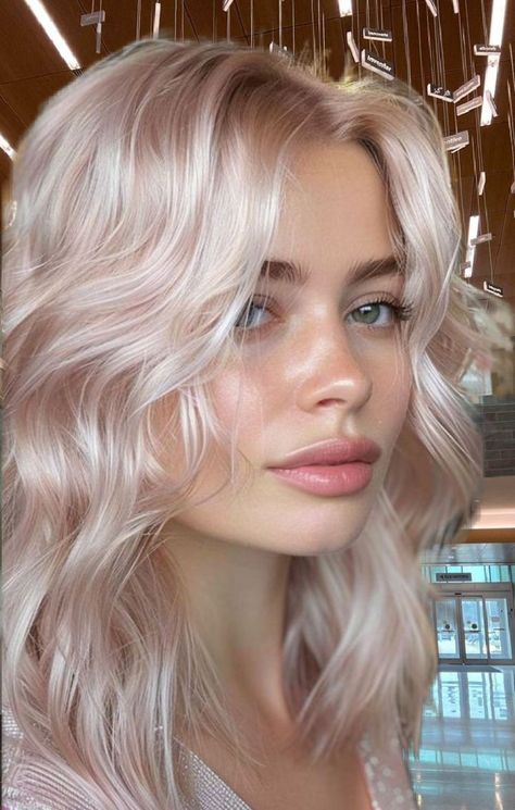 Platinum Pink Blonde Hair, Blonde With Pink Tone, Pearl Pink Blonde Hair, Peach Platinum Hair, Silver Pink Hair Color, Pink Platinum Blonde Hair, Pearl Pink Hair, Platinum Blonde With Pink Underneath, Platinum Blonde Hair Color Ideas For Summer