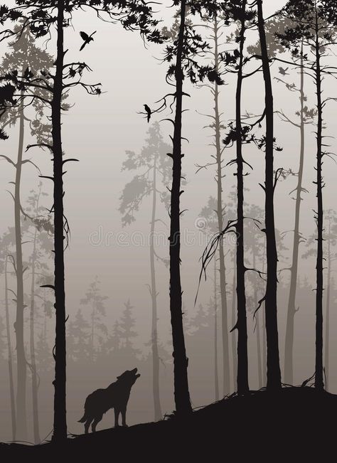 Forest Drawing, Wolf Silhouette, Forest Silhouette, Forest Mural, Silhouette Painting, Laser Art, Forest Illustration, Bird Silhouette, Forest Painting