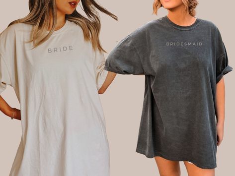 "FREE SHIPPING IN THE US!  No order minimum!  Comfort Colors, Bridesmaid Shirt, Bridesmaid Shirts, Bridesmaid Tshirt, Bridesmaid Shirts getting Ready, Bridesmaid Getting Ready Shirt For matching 'MAID OF HONOR' shirt, visit: https://www.etsy.com/listing/1285577687/comfort-colors-minimalist-maid-of-honor?ref=listings_manager_grid ♥ The SHIRT  * This is a Comfort Colors 1717 shirt.  * This unisex fit t-shirt is intended to be loose/oversized for women to give a chic and laid back vibe. If you want the tee to be more fitted, we would recommend sizing down.   * If you are looking for an oversized \"T-shirt Dress\" look, we recommend sizing up 1 or 2 sizes  * Detailed sizing information can be found in the size chart in the photos.  * Printed in the USA ♥ CARE  ＊Machine wash cold, inside-out, g Bridesmaids Getting Ready Shirts, Bridesmaids Getting Ready Sweats, Oversized Bridesmaid Shirts, Bridesmaid Tee Shirts, Bridesmaid Shirts Getting Ready, Bridal Shower Outfits For Bridesmaid, Bridesmaids Shirts Ideas, Getting Ready Bridesmaids Outfit, Bridesmaid Outfits For Getting Ready