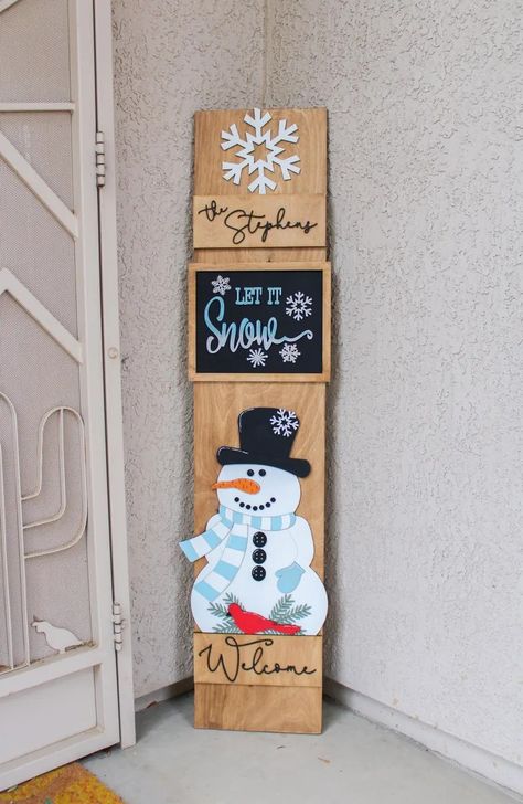 Interchangeable Porch Sign, Snowman Signs Wooden, Winter Porch Signs, Christmas Porch Signs, Winter Porch Decor, Porch Leaners, Wood Front Door, Glow Forge, Wood Snowman