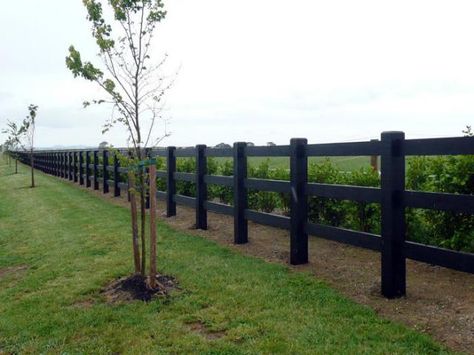 Examples of completed rail & post fencing — Beams & Timber, NZ Black 3 Rail Wood Fence, Black Ranch Fence, Fence Ideas Nz, Property Fence, Animal Fencing, Corrugated Metal Fence, Post And Rail Fence, Pasture Fencing, Gate Entrance