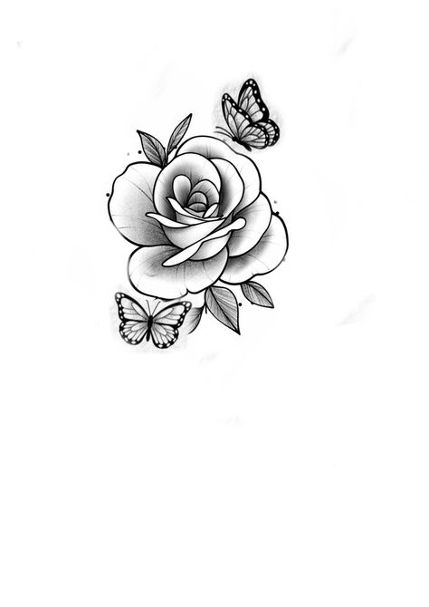 Rose Butterfly Tattoo Design, Rose With Butterfly Tattoo, Rose Butterfly Tattoo, Tattoo Wings, Butterfly Tattoo Design, Rose And Butterfly Tattoo, Stencil Outline, Chic Tattoo, 13 Tattoos