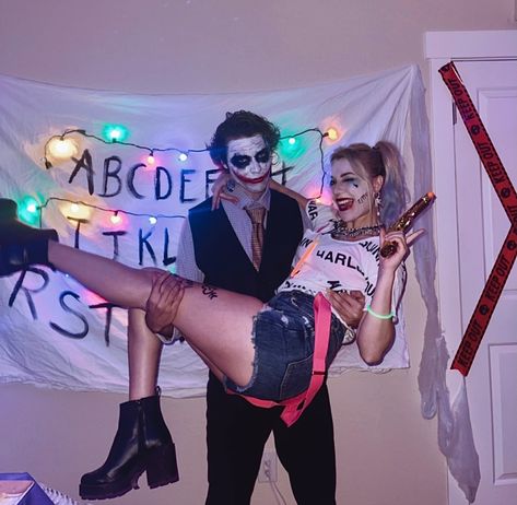 halloween harley quinn joker couple costume ideas boyfriend halloween party Holloween Costume For Bf And Gf, Joker And Harley Couple Costume, Couple Halloween Costumes Joker And Harley, Halloween Harley Quinn And Joker, Harley Quinn And Joker Halloween Costumes, Couples Halloween Costume Harley Quinn And Joker, Cupples Halloween Costumes Ideas Cute, Harley Joker Costume, Matching Couple Customes Halloween